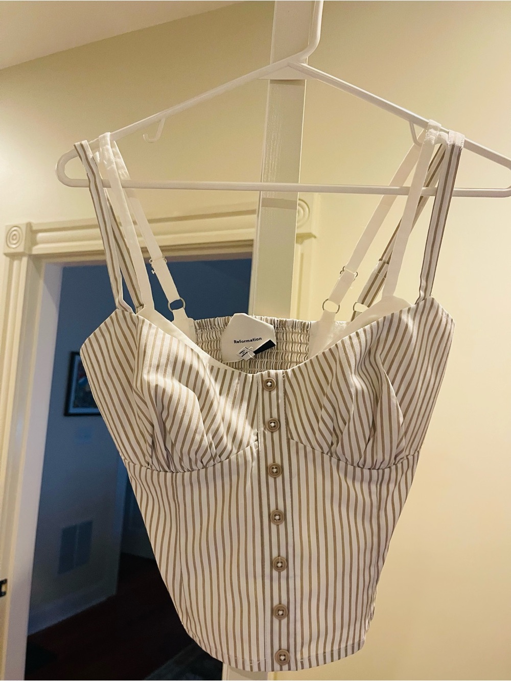 Reformation Beige and White Striped Bustier Camisole
